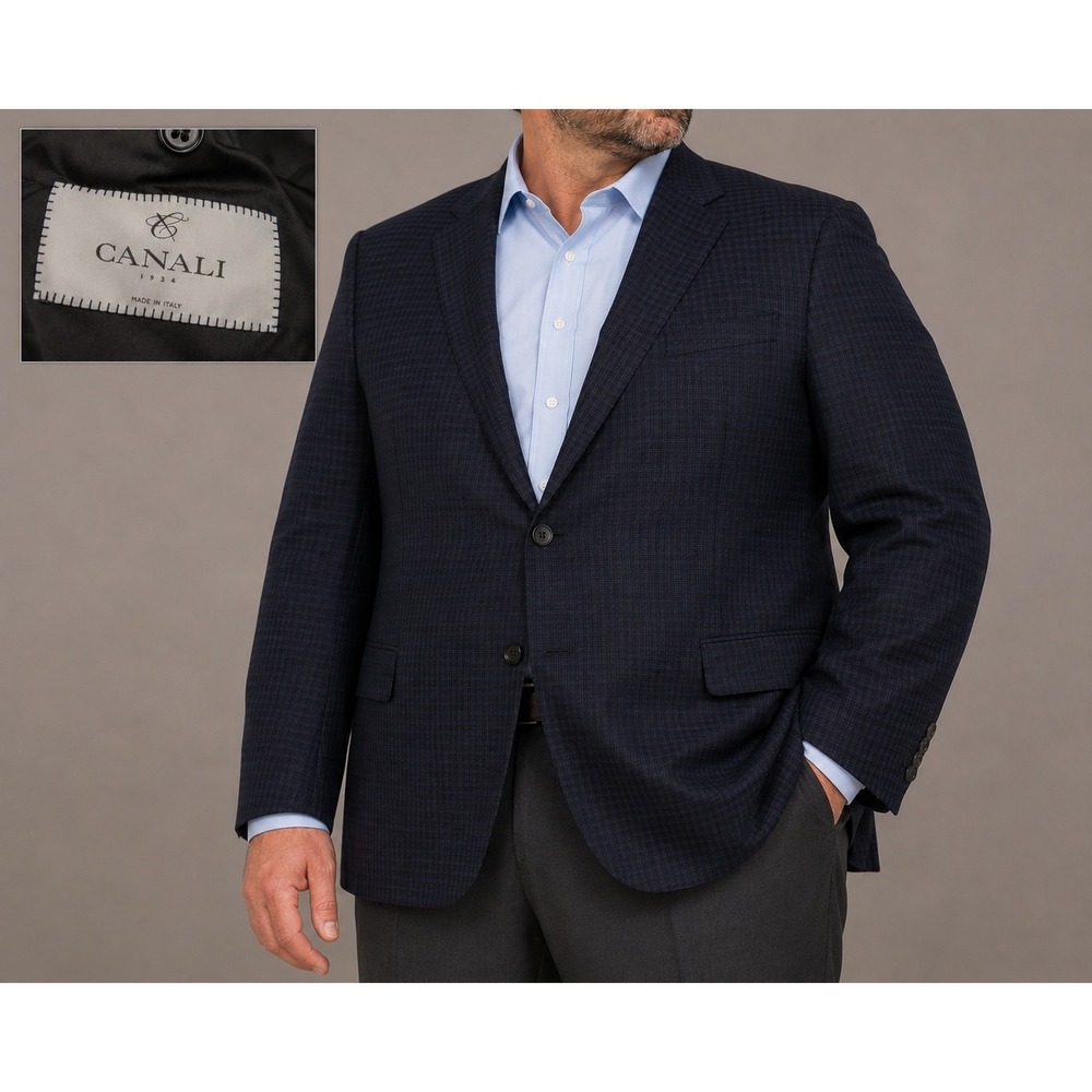Canali Sport Coat Mens 40R Navy Blue Plaid Wool Blazer Made in Italy